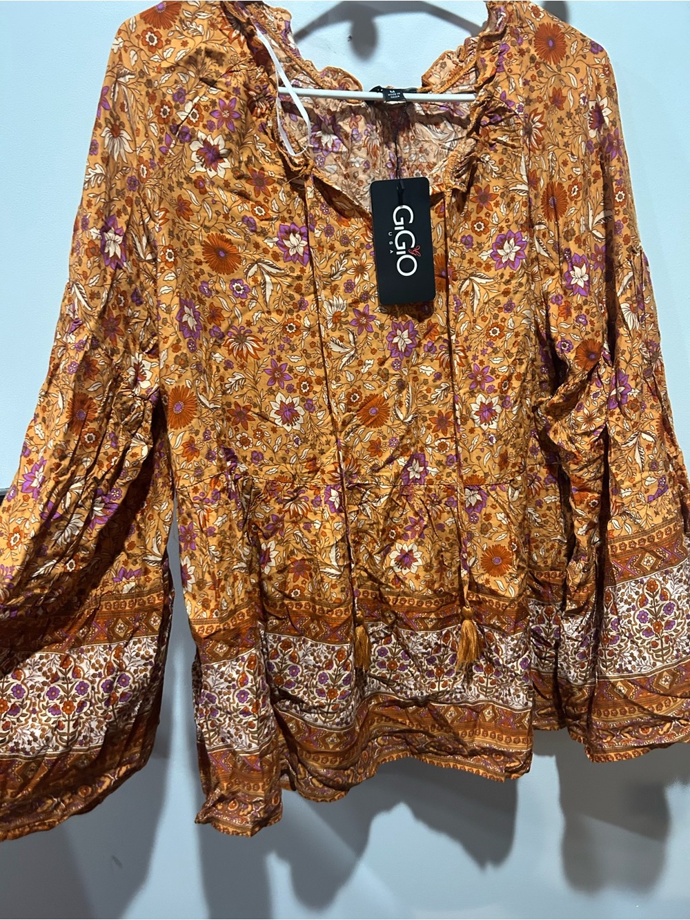 GIGIO Burnt Orange Floral Long Sleeve Peasant Top